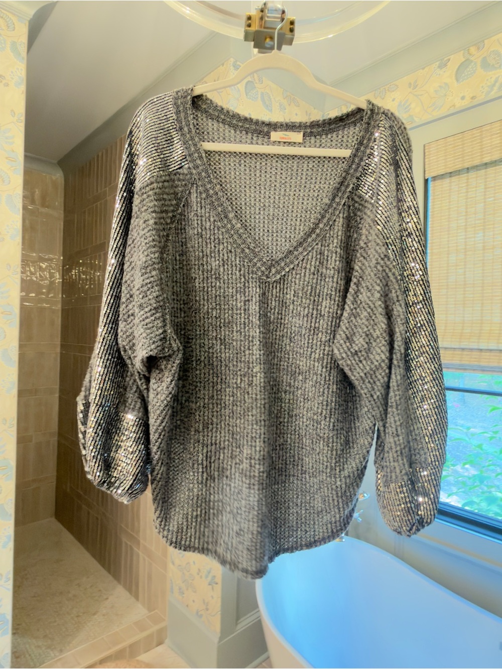 Gray V-Neck Sequin Sleeve Women's Sweater